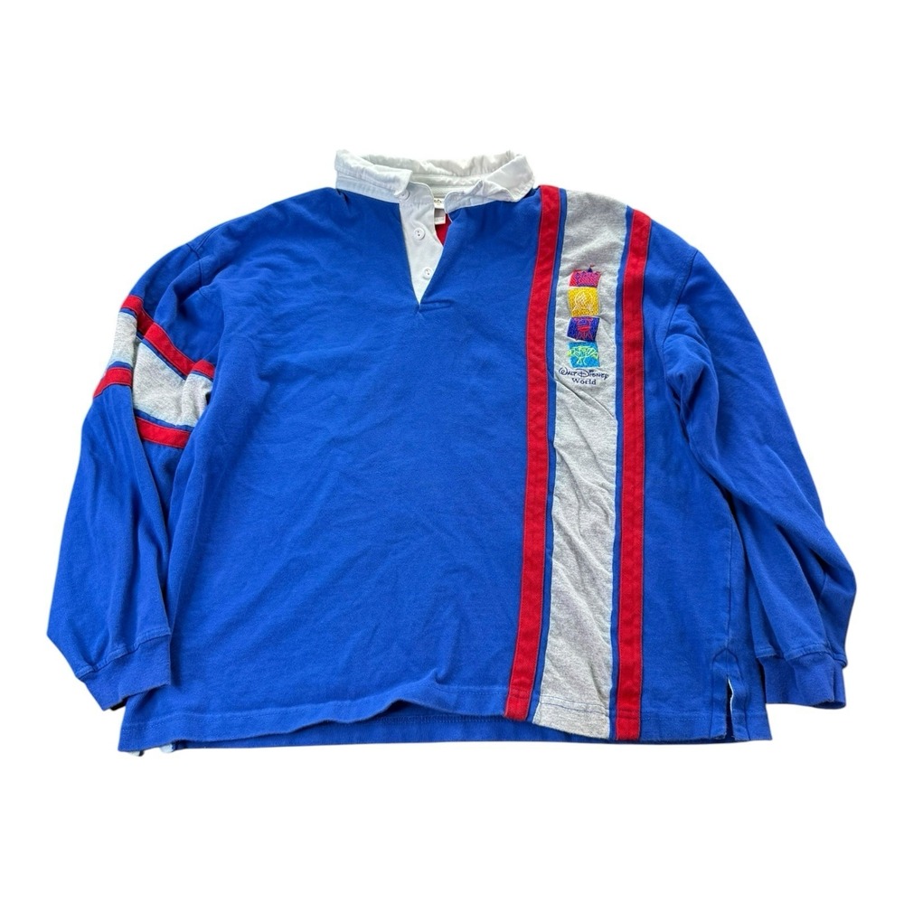 Vintage Walt Disney World Rugby Shirt Mens M Blue Striped Embroidered